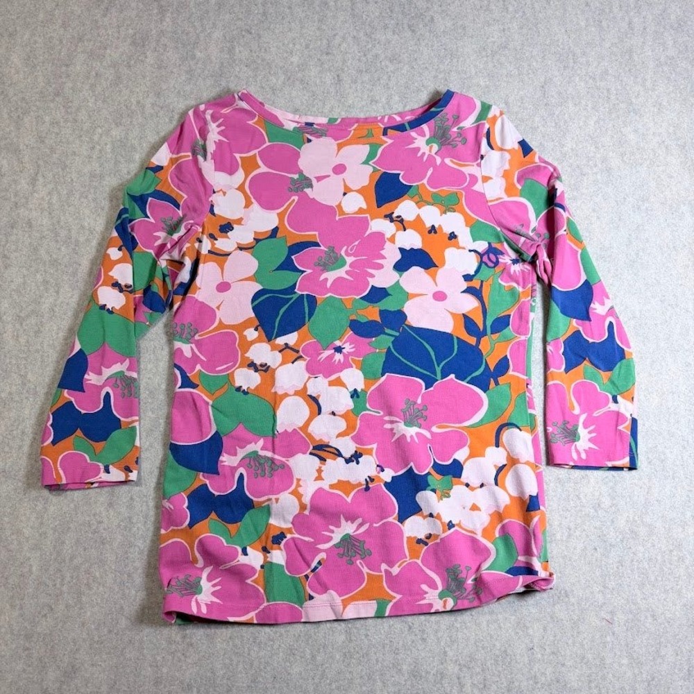 Talbots Floral Top Women S Pink Cotton Spandex 3/4 Sleeve Preppy Classic Boho